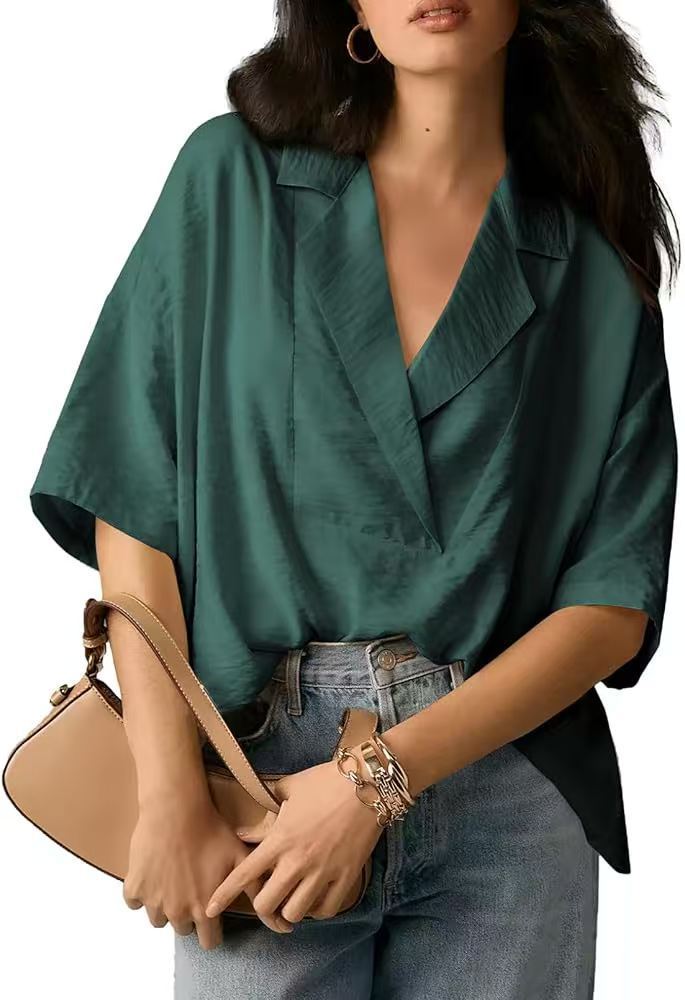 Damen lockeres und stilvolles Blusenoberteil mit V-Ausschnitt und kurzen Ärmeln Heidi-Mode