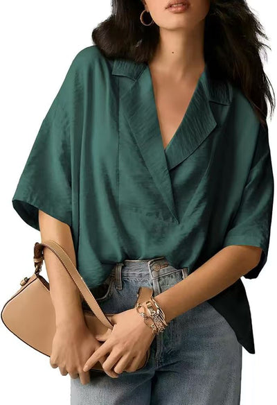 Damen lockeres und stilvolles Blusenoberteil mit V-Ausschnitt und kurzen Ärmeln Heidi-Mode