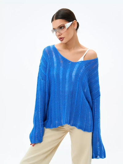 Damen Übergröße Pullover aus leichtem Strickmaterial mit raffiniertem Lochmuster Heidi-Mode