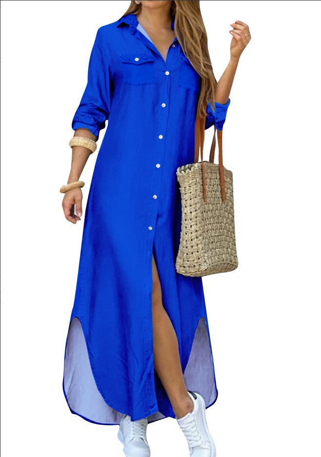 Damen Langarm Hemdkleid mit seitlichem Schlitz und Brusttaschen Heidi-Mode