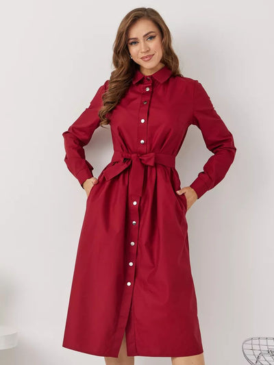 Damen Langarm Hemdkleid mit eleganter Taillenschnürung und Knopfleiste Heidi-Mode