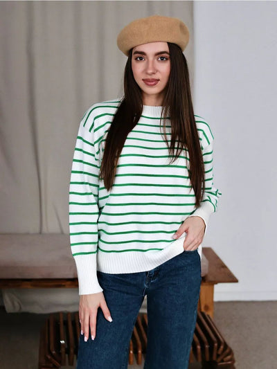 Damen lässiger Streifenpullover mit weitem Schnitt und hochgeschlossenem Rundhalsausschnitt Heidi-Mode