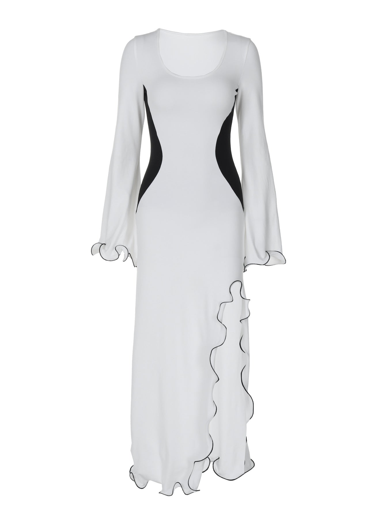 Damen figurbetontes Kleid mit offenkantigem Saum und langen Ärmeln Heidi-Mode