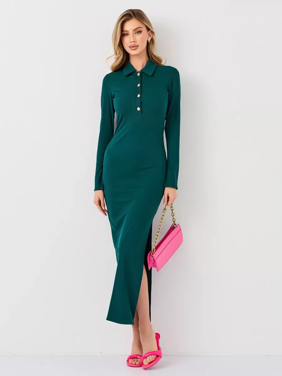 Damen figurbetontes Maxikleid mit Polokragen und seitlichem Schlitz Heidi-Mode