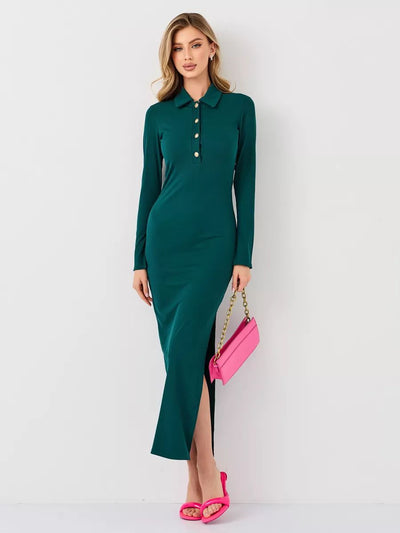 Damen figurbetontes Maxikleid mit Polokragen und seitlichem Schlitz Heidi-Mode