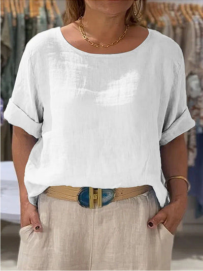 Damen lässige Leinenbluse mit umschlagbaren Ärmeln und elegantem Rundhalsausschnitt Heidi-Mode