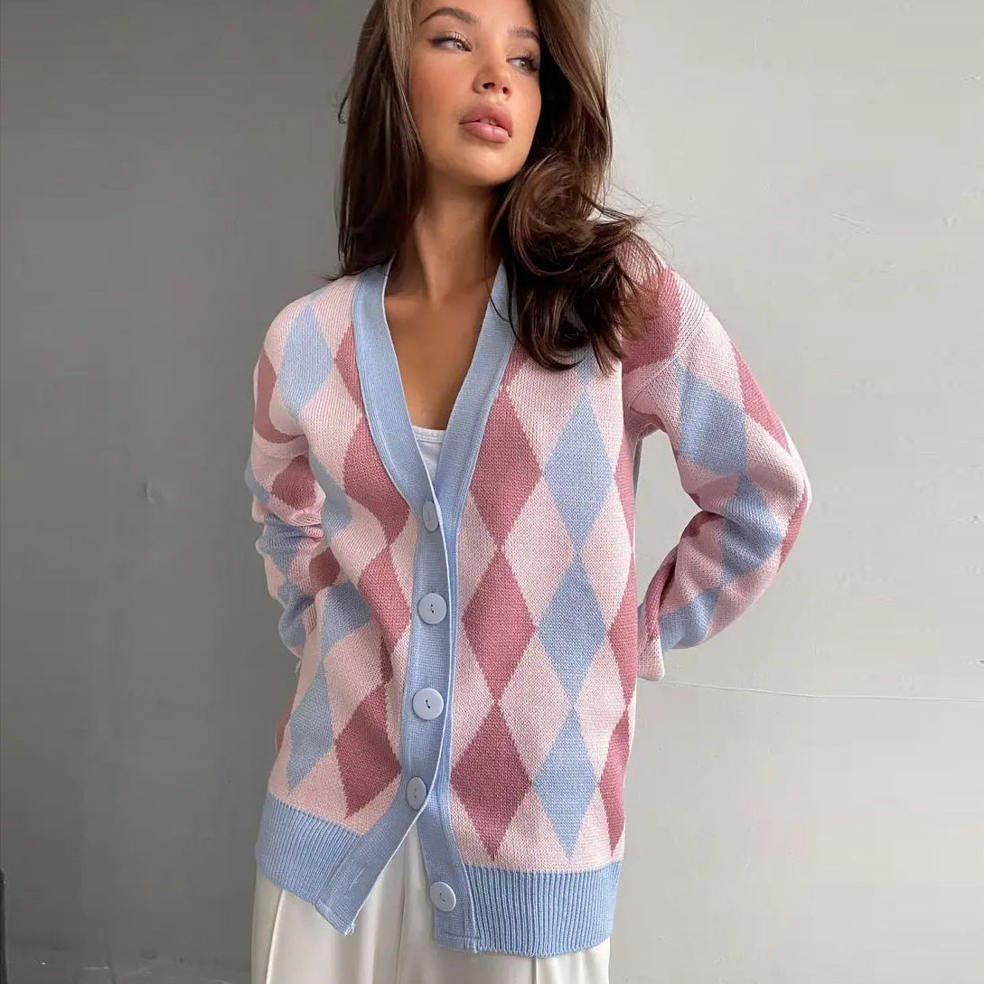 Damen kuscheliger Cardigan mit Rautenmuster und Knopfverschluss Heidi-Mode