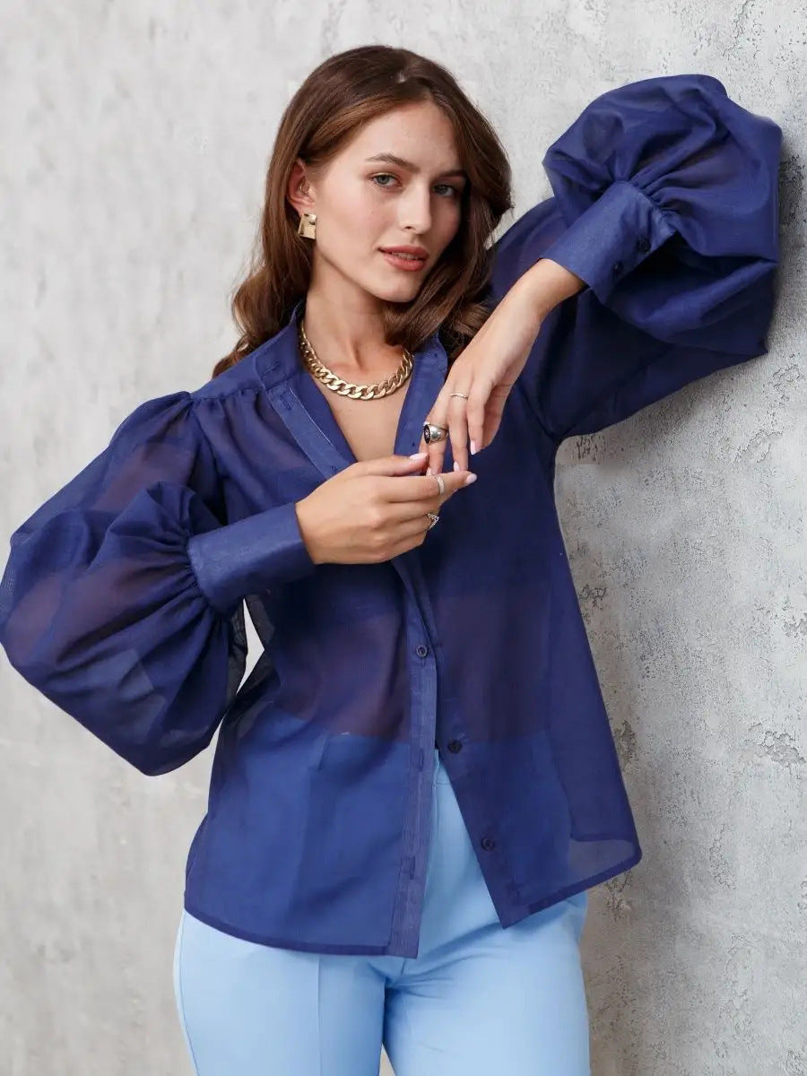 Damen Elegante Bluse mit voluminösen Puffärmeln und transparentem Stoff Heidi-Mode