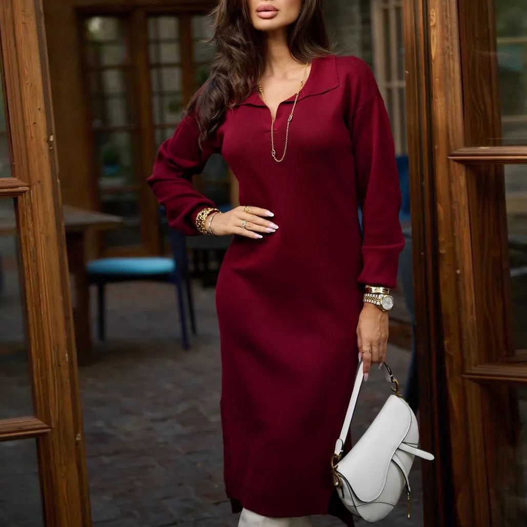 Damen legere Strickkleid mit klassischem Ausschnitt und eleganten Ärmelabschlüssen Heidi-Mode