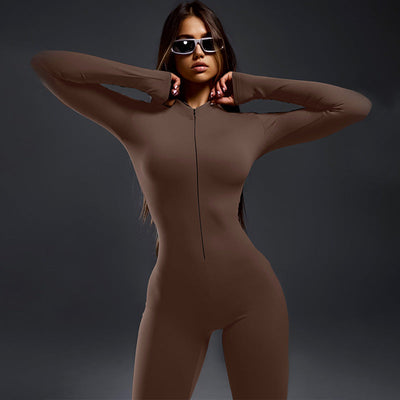 Damen bodenlanger Jumpsuit mit langem Arm und durchgehendem Reißverschluss Heidi-Mode
