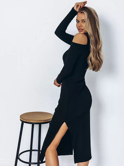 Damen figurbetontes Off-Shoulder-Midikleid mit langem Arm und seitlichem Schlitz Heidi-Mode