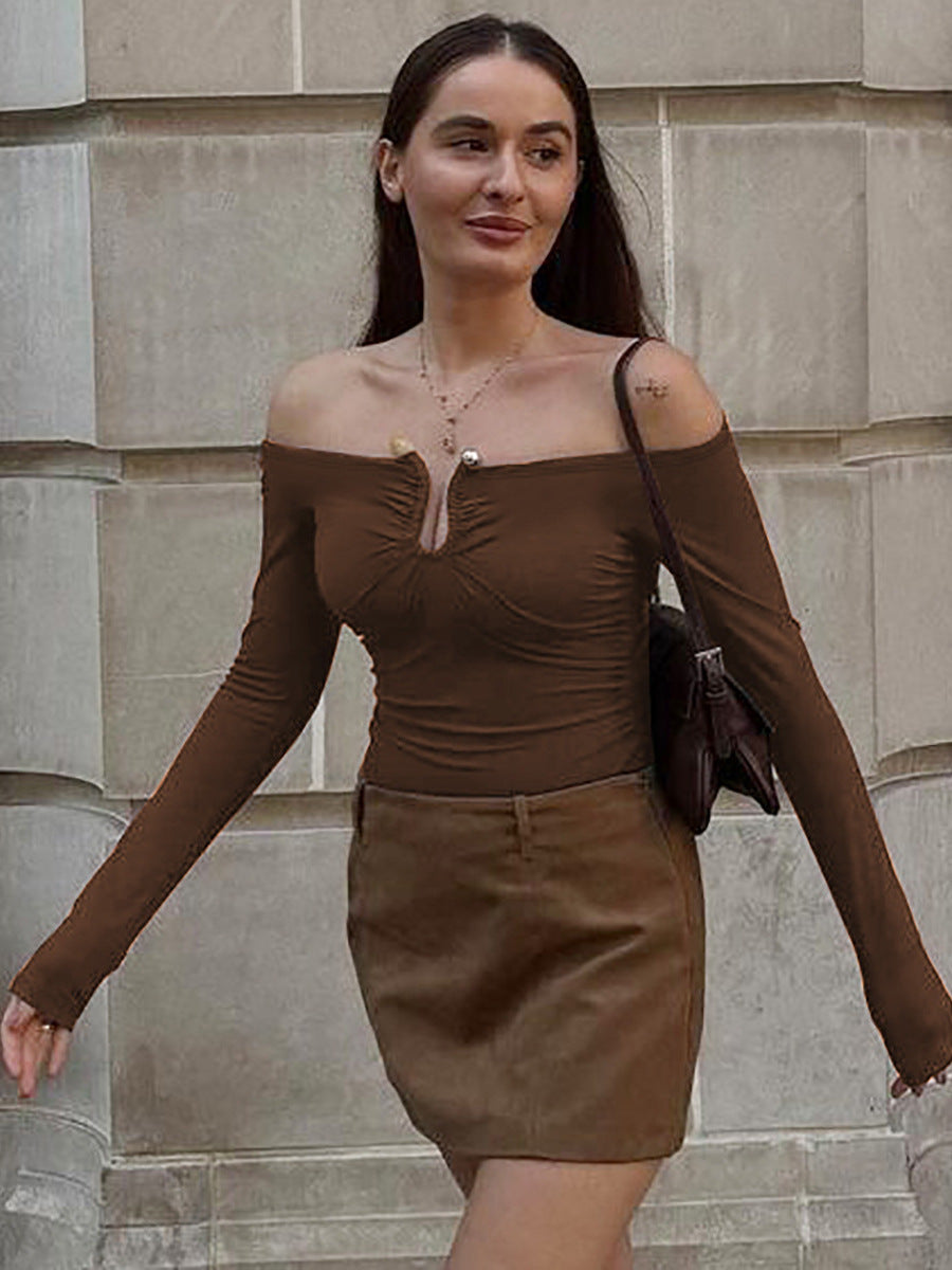 Damen Off-Shoulder Oberteil mit feinen Raffungselementen und langen Ärmeln Heidi-Mode