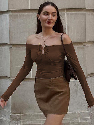 Damen Off-Shoulder Oberteil mit feinen Raffungselementen und langen Ärmeln Heidi-Mode