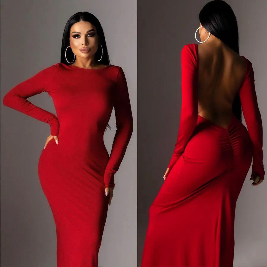 Damen Elegantes Maxikleid mit tiefem Rückenausschnitt und langen Ärmeln Heidi-Mode