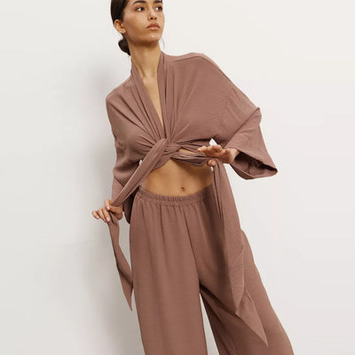 Damen eleganter Kimono-Style Morgenmantel mit stilvollem Gürtel und langen Ärmeln Heidi-Mode