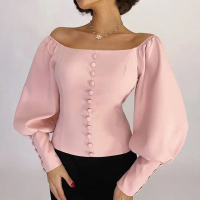 Damen Off-Shoulder Bluse mit eleganten Puffärmeln und Knopfdetails Heidi-Mode