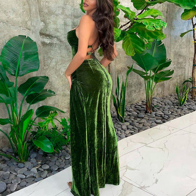 Damen ausgestelltes Maxikleid aus luxuriösem Samt mit seitlichem Schlitz und tiefem Ausschnitt Heidi-Mode