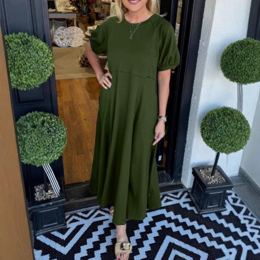 Damen Maxikleid mit schwingendem Schnitt und eleganten Puffärmeln Heidi-Mode