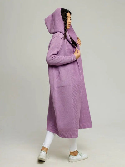 Damen Strickmantel mit Kapuze und seitlichen Taschen Heidi-Mode