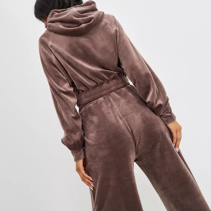 Damen Freizeit-Veloursset mit tailliertem Hoodie und geräumiger Hose Heidi-Mode