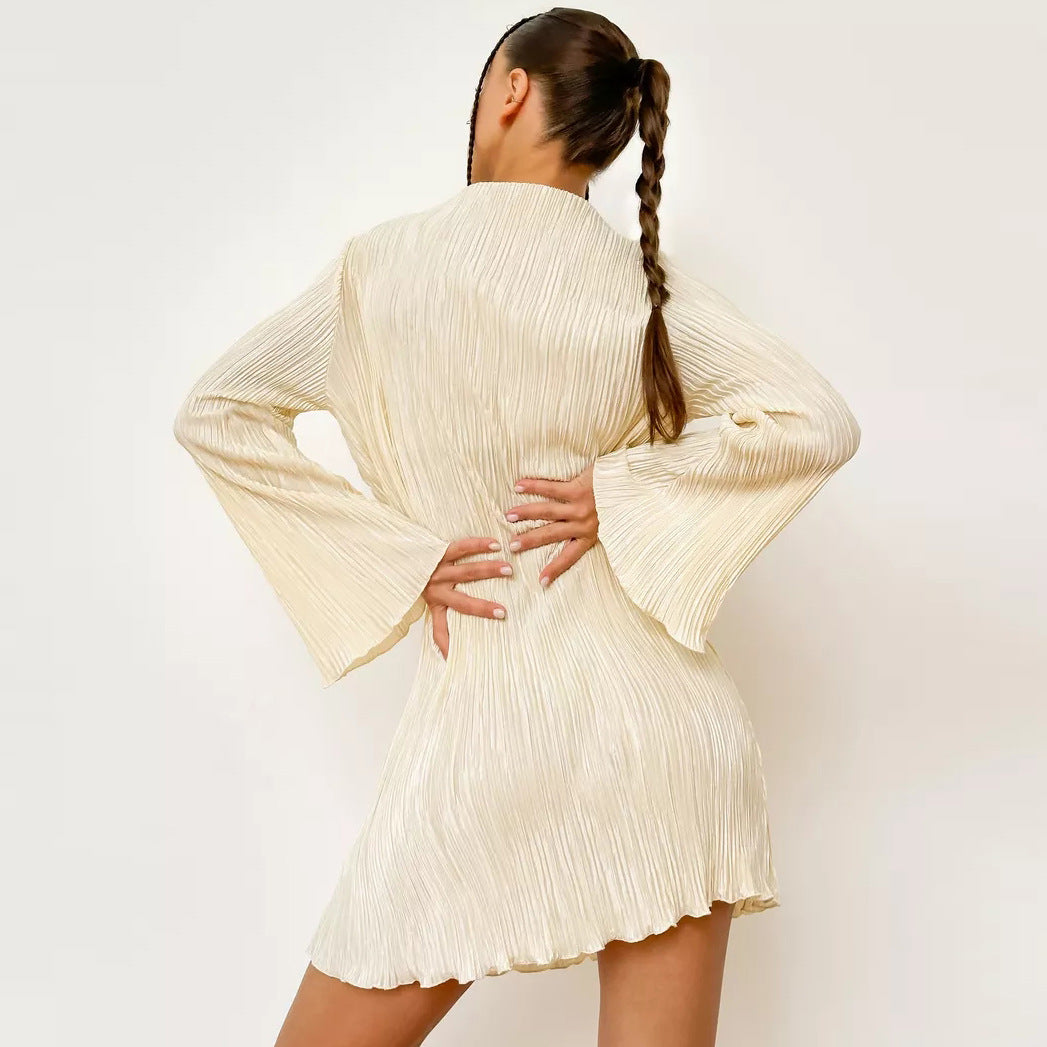 Damen Plissiertes Mini-Kleid mit langem Arm und elegantem Stehkragen Heidi-Mode
