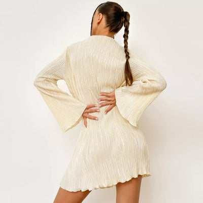 Damen Plissiertes Mini-Kleid mit langem Arm und elegantem Stehkragen Heidi-Mode
