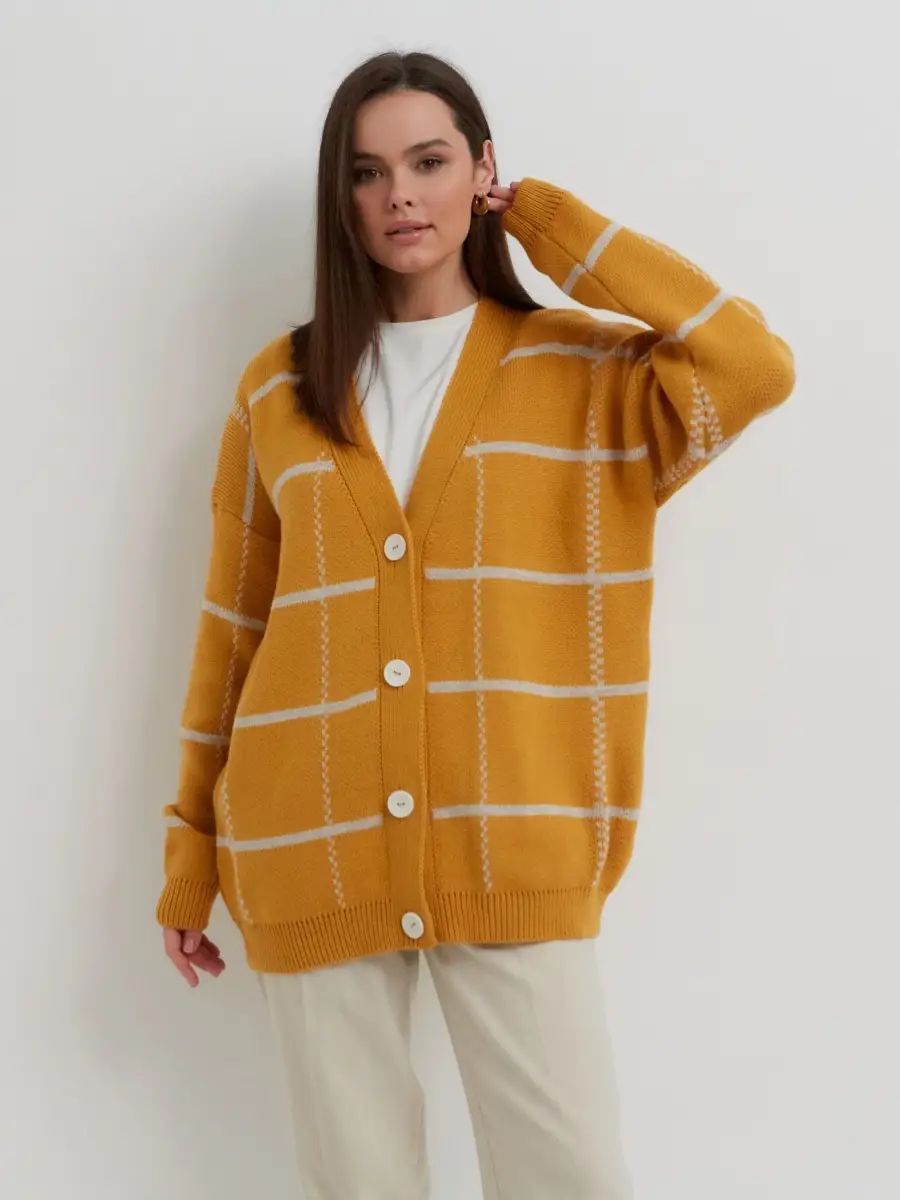 Damen lässiger Karoknitter-Cardigan mit Knöpfen und weitem Schnitt Heidi-Mode