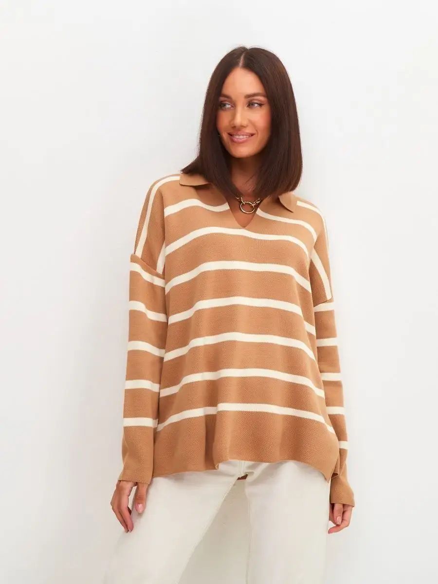 Damen lässiger Strickpullover mit klassischem Polokragen und modischem Streifenmuster Heidi-Mode