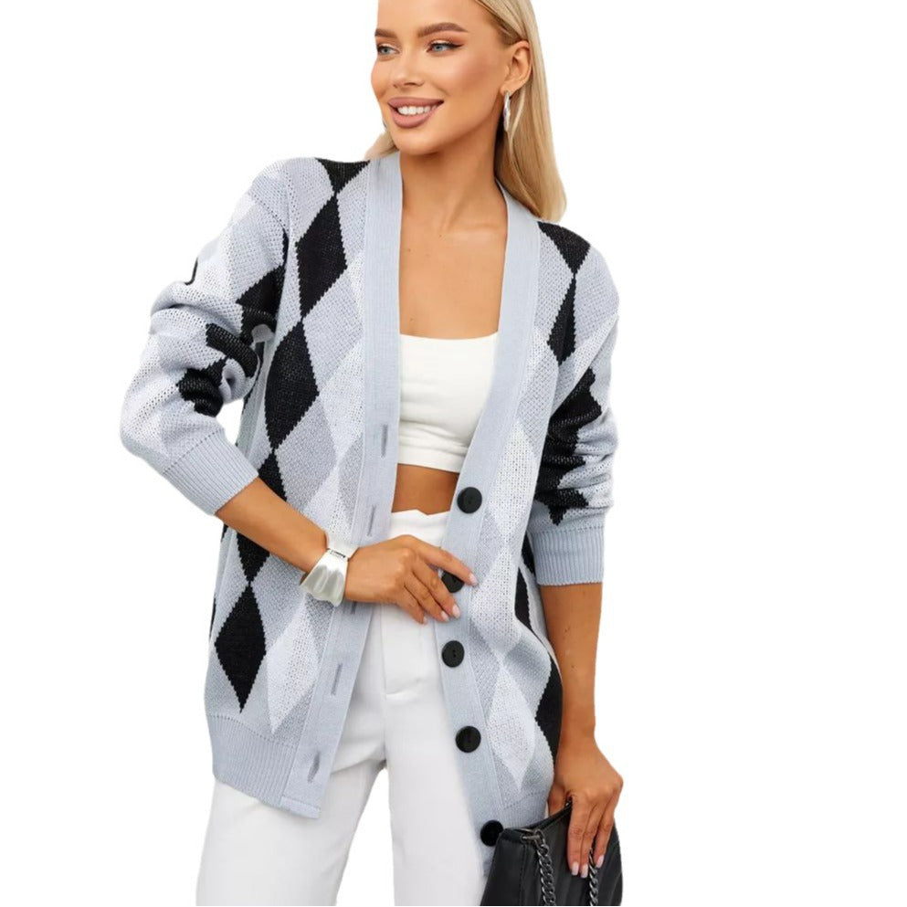 Damen kuscheliger Cardigan mit Rautenmuster und Knopfverschluss Heidi-Mode