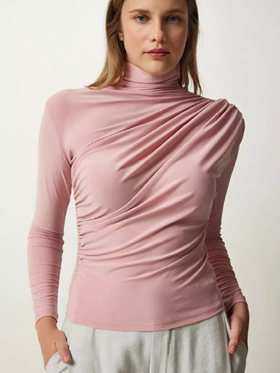 Damen Langarm Shirt mit elegantem Stehkragen und raffiniertem Drapé Heidi-Mode
