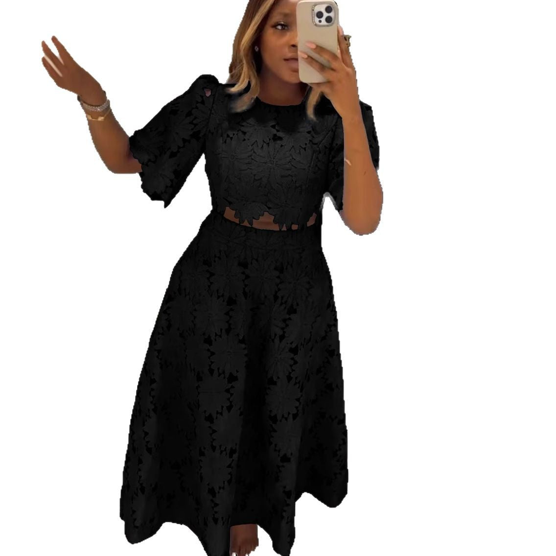 Damen Elegantes Spitzen-Outfit mit kurzem Oberteil und langem Rock Heidi-Mode