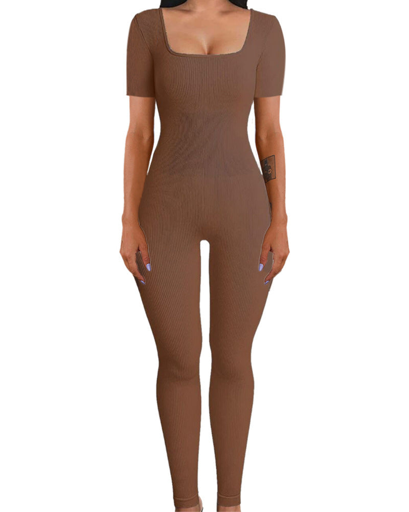Damen figurbetontes Rippstrick-Jumpsuit mit quadratischem Ausschnitt Heidi-Mode
