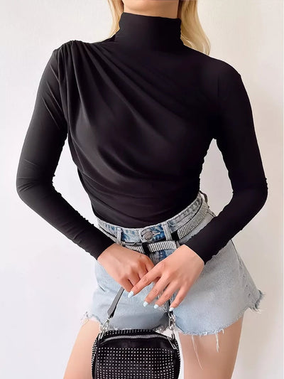 Damen Langarm Shirt mit elegantem Stehkragen und raffiniertem Drapé Heidi-Mode