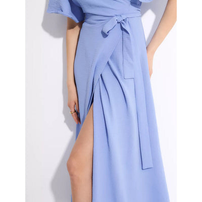 Damen Wickelkleid mit voluminösen Ärmeln und tiefem Schlitz Heidi-Mode