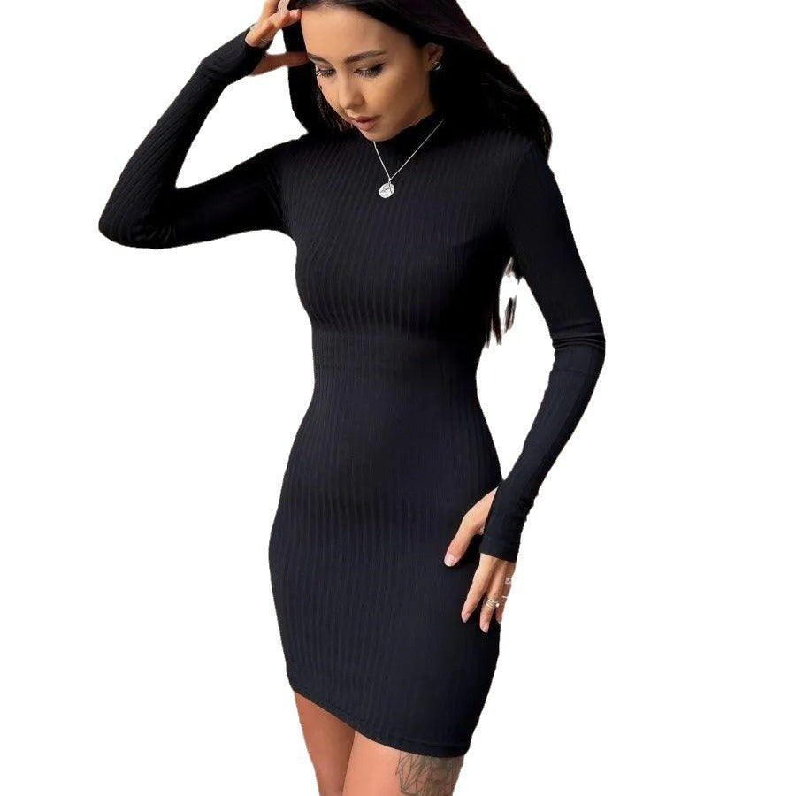 Damen figurbetontes Strickkleid mit hohem Rollkragen und feiner Rippstruktur Heidi-Mode