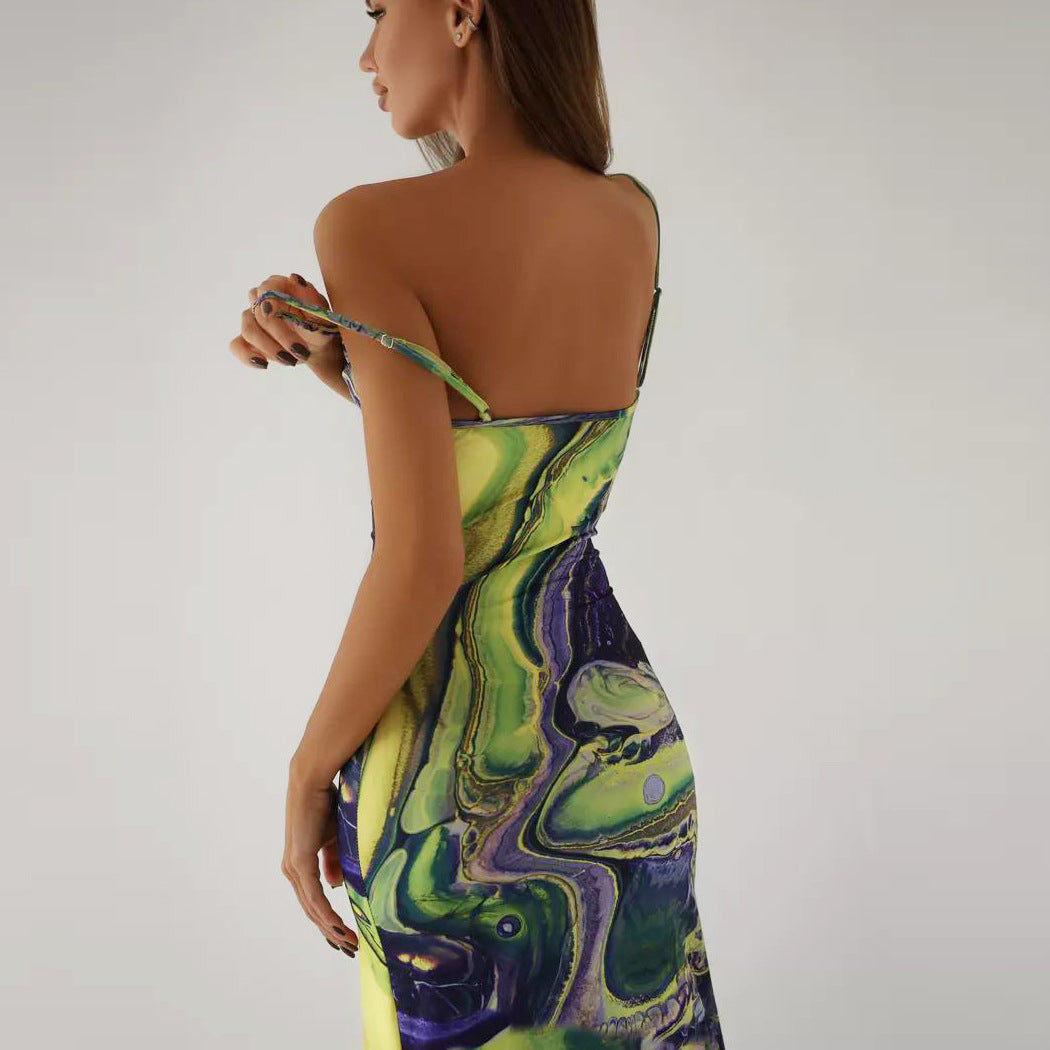 Damen figurbetontes Maxikleid mit seitlichem Schlitz und einzigartigem Marmormuster Heidi-Mode