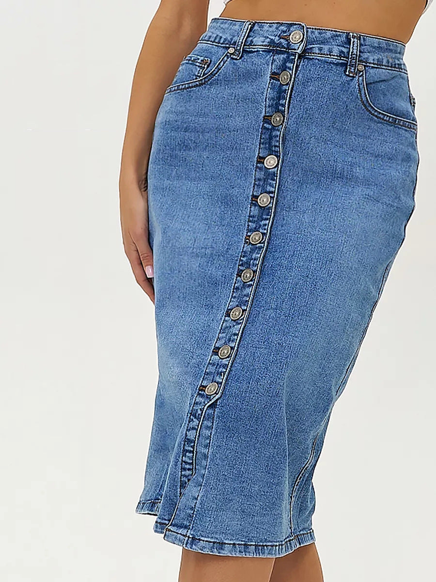 Damen Denim-Midirrock mit Knopfverschluss und hoher Taille Heidi-Mode