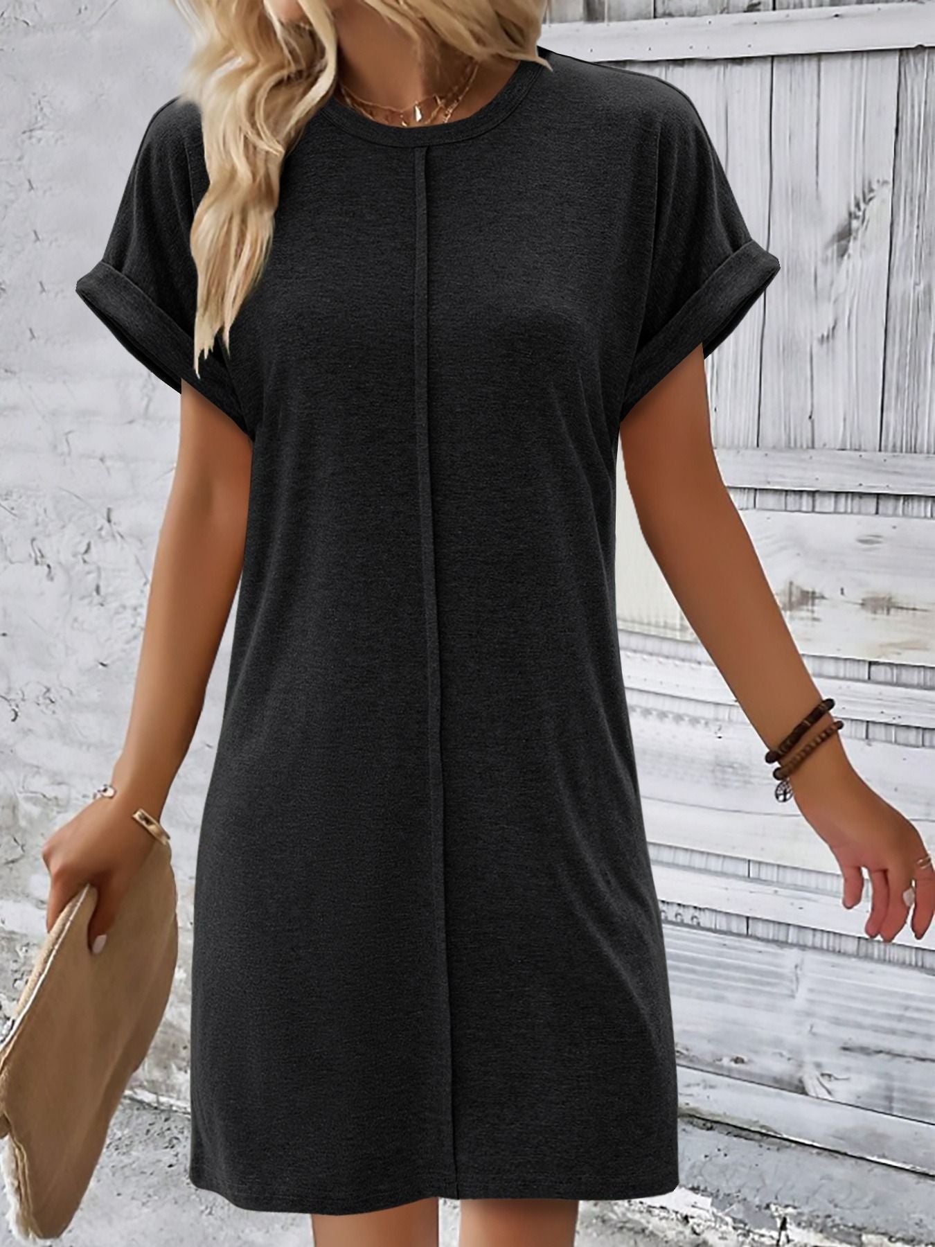 Damen T-Shirt-Kleid mit lässigem Schnitt und umgeschlagenen Ärmeln Heidi-Mode