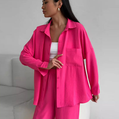 Damen lockerer Leinen-Hosenset mit eleganter Bluse und elastischem Bund Heidi-Mode