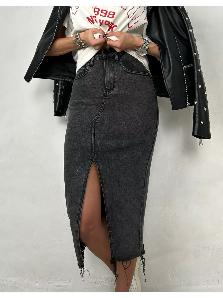 Damen Midirock mit seitlichem Schlitz und fransigem Saum Heidi-Mode