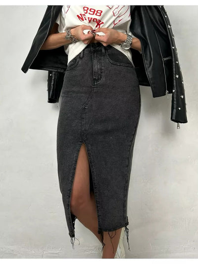 Damen Midirock mit seitlichem Schlitz und fransigem Saum Heidi-Mode