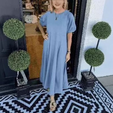 Damen Maxikleid mit schwingendem Schnitt und eleganten Puffärmeln Heidi-Mode