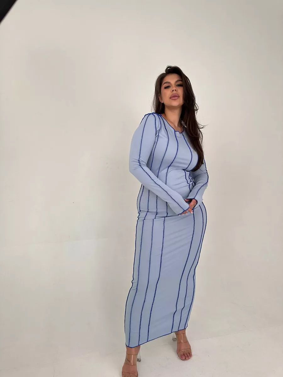 Damen figurbetontes Midikleid mit modernen Streifen und langen Ärmeln Heidi-Mode