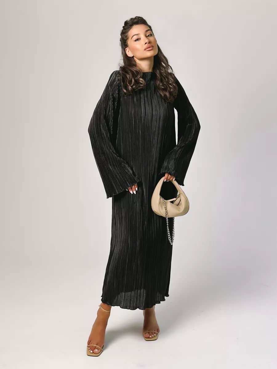 Damen luxuriöses Plisseekleid mit weitem Schlagärmeln und elegantem Schnitt Heidi-Mode