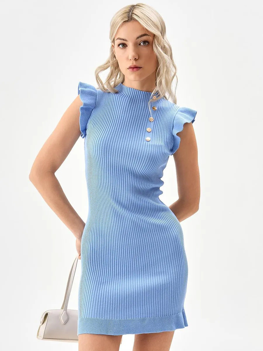 Damen Strickkleid mit Rüschen und Knopfdetaillierung Heidi-Mode