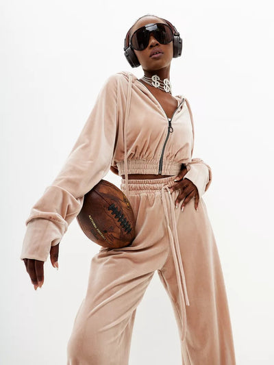 Damen Freizeit-Veloursset mit tailliertem Hoodie und geräumiger Hose Heidi-Mode