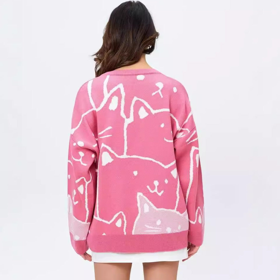 Damen lässiger Pullover mit modernem Katzendesign und oversized Passform Heidi-Mode