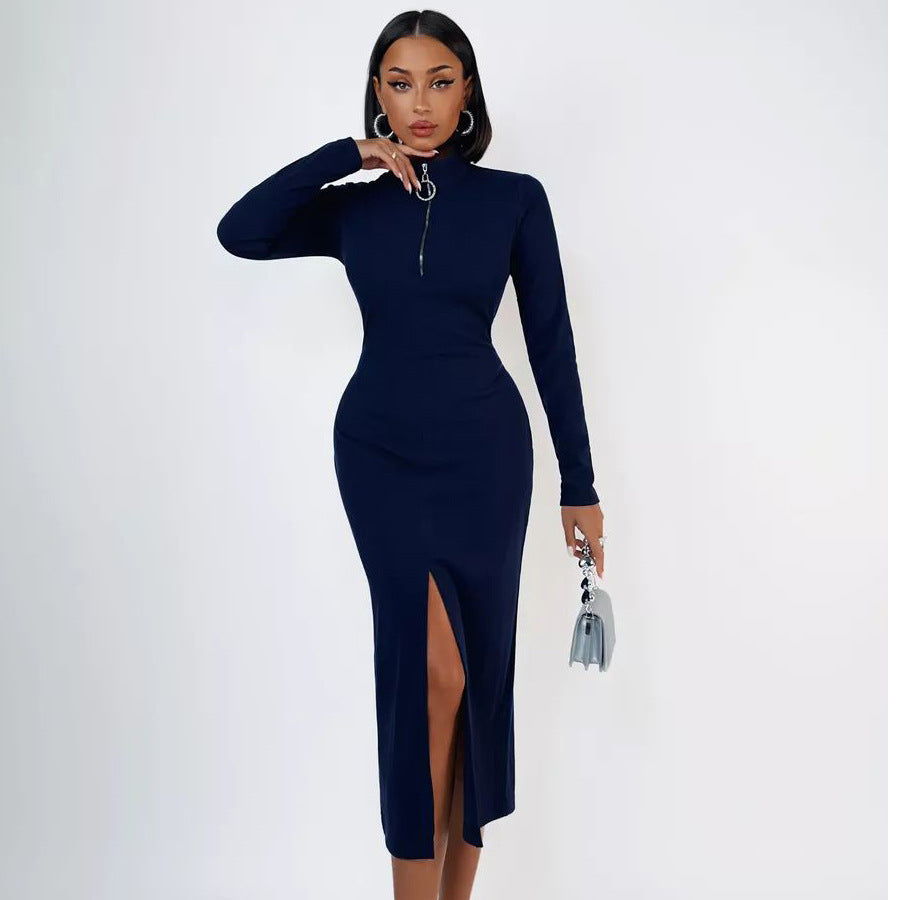 Damen figurbetontes Maxikleid mit tiefem V-Ausschnitt und luxuriösem Zipper-Detail Heidi-Mode