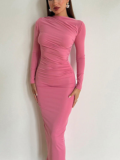 Damen figurbetontes Langarmkleid mit Raffung und elegantem Stehkragen Heidi-Mode