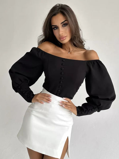 Damen Off-Shoulder Bluse mit eleganten Puffärmeln und Knopfdetails Heidi-Mode